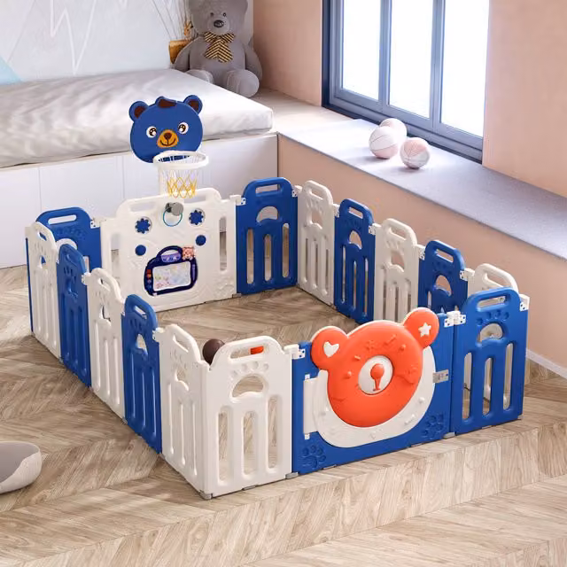 Livingandhome Foldable Baby Playpen Donut Bear Yard with Hoop, Blue and White, W: 203 cm, D: 163 cm, H: 65 cm