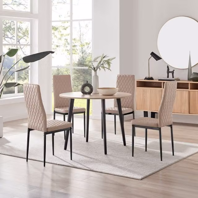 FurnitureboxUK Koko Oak Effect Round Dining Table and 4 Milan Black Leg Dining Chairs in Cappuccino
