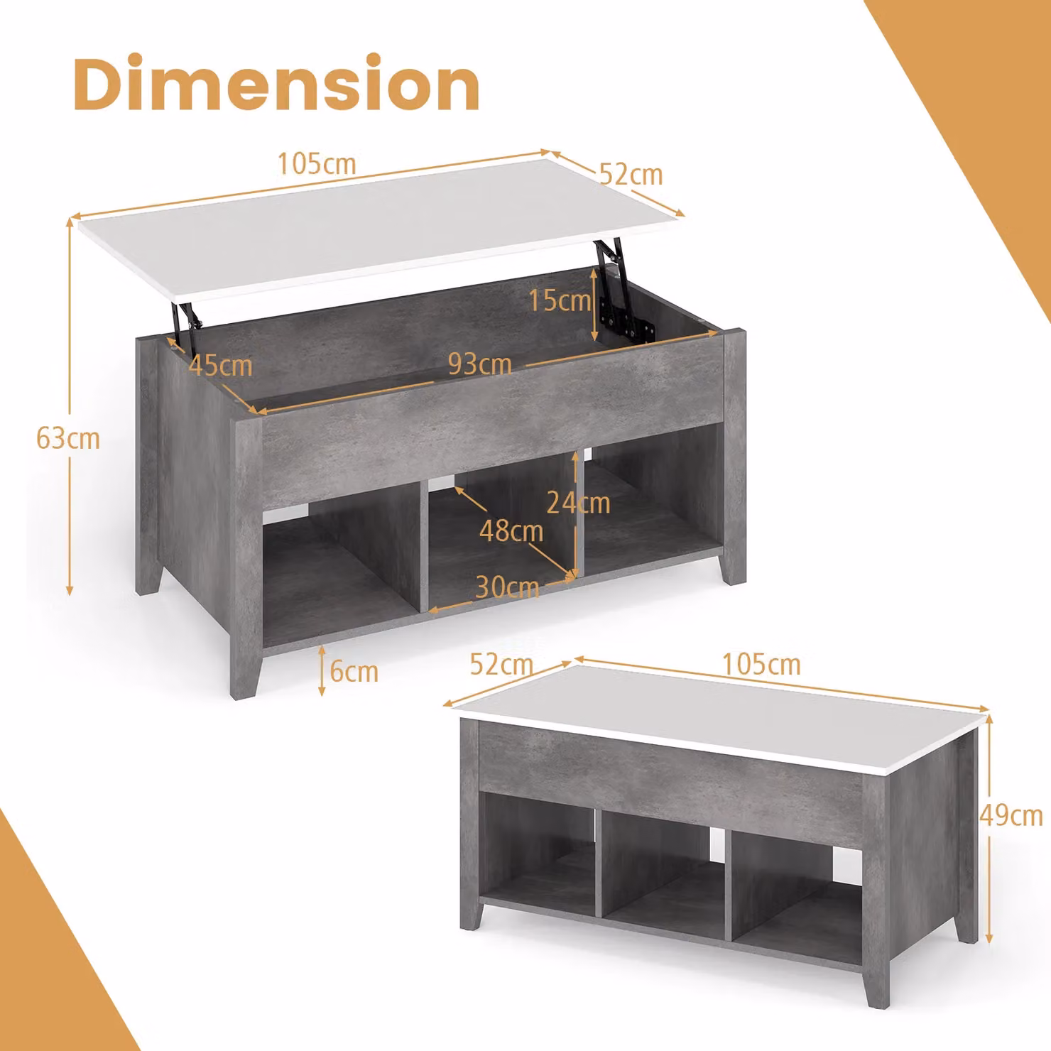Gymax Grey Lift Top Coffee Table with Rising Mechanism – 2