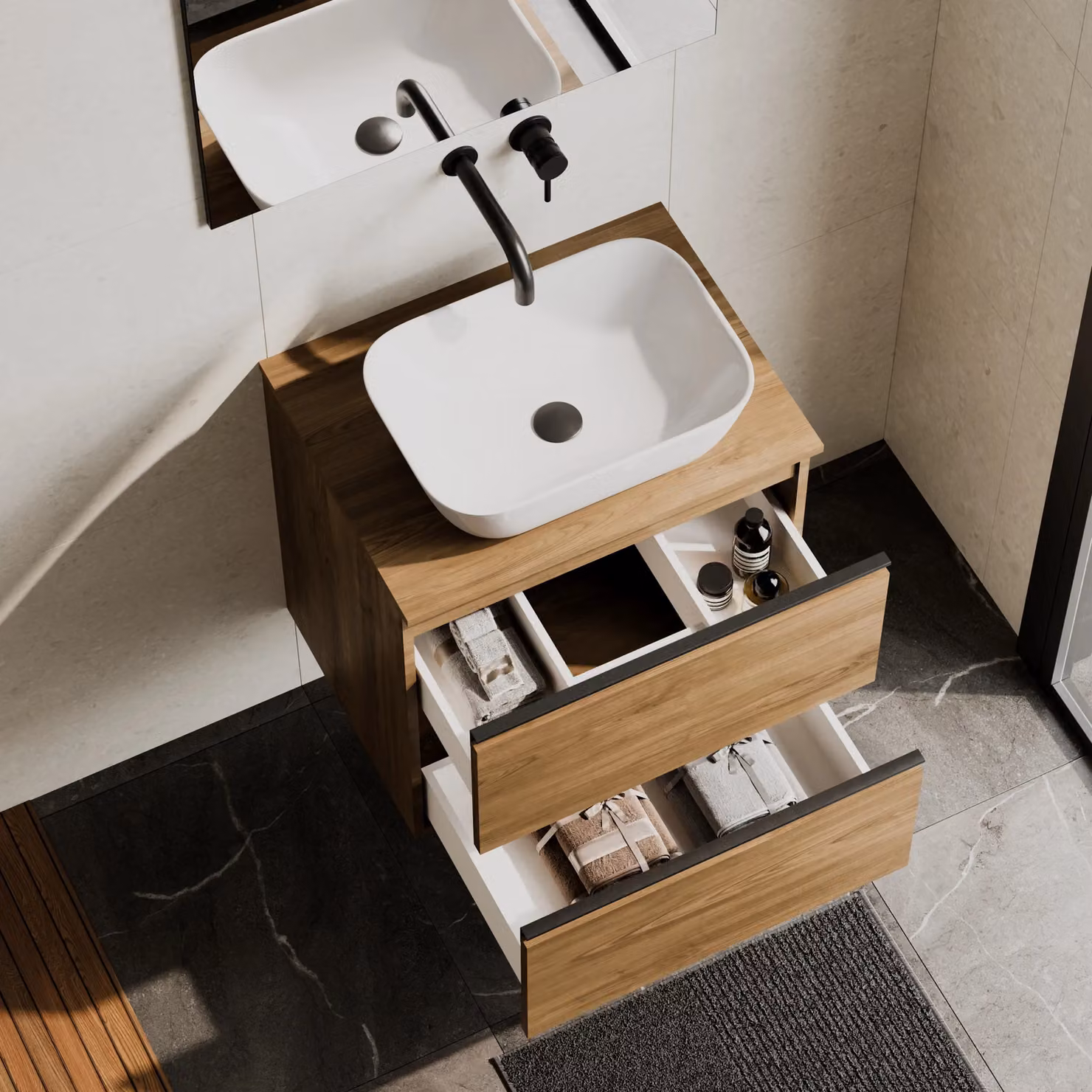 Banyetti Akiro 600mm Wall Hung Vanity Unit with Matching Worktop in Walnut – 2