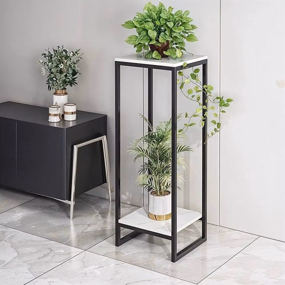 FORGEVIO 2-Tier Modern Metal and MDF Floor Plant Stand, White, H 90 cm x W 100 cm x D 50 cm – 3