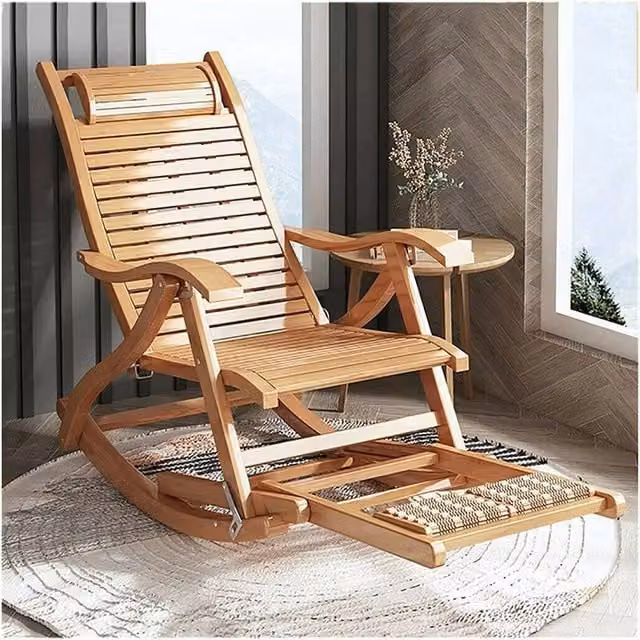 SPETLEK Natural Bamboo Sun Lounge for Patio and Pool in Brown and Beige with Adjustable Headrest – 1
