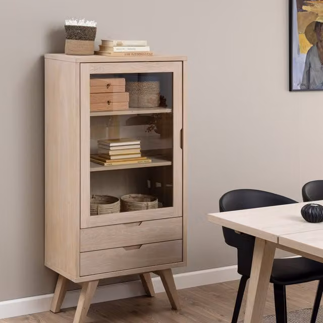 Furniture To Go Scandinavian Oak Display Cabinet with Glass Doors and Drawers in White and Beige