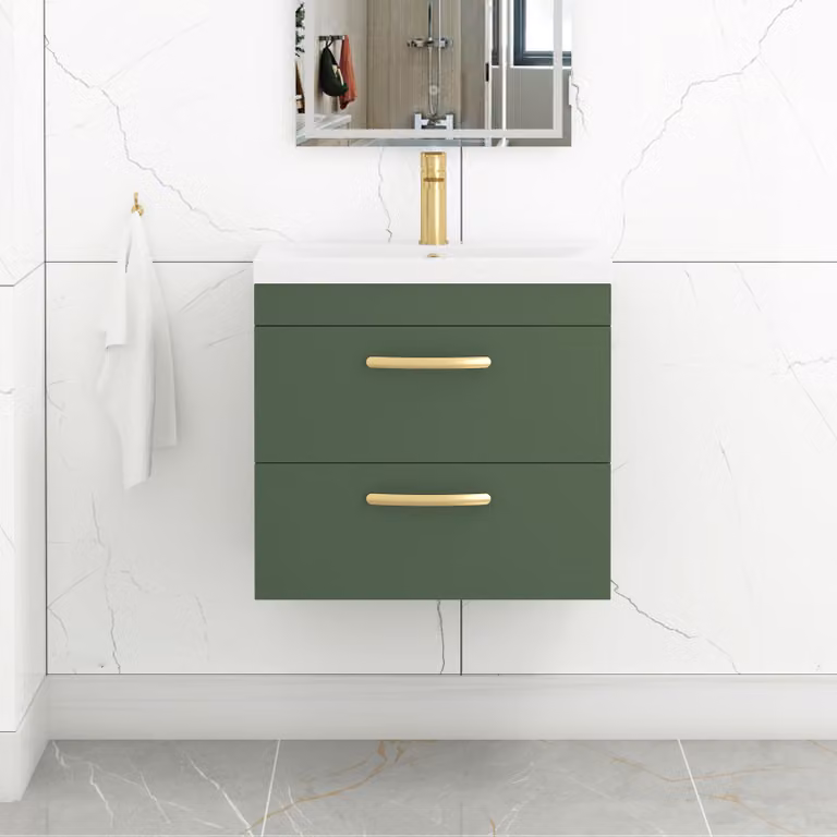 Royal Bathrooms Turin 600mm Wall Hung Vanity Unit in Matt Green with 2 Drawers and Mid-Edge Basin featuring Brushed Brass Handles