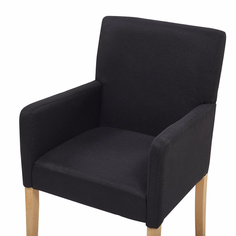 Wyld and Coco Black Fabric Dining Chair with Armrests and Rubberwood Legs – 5