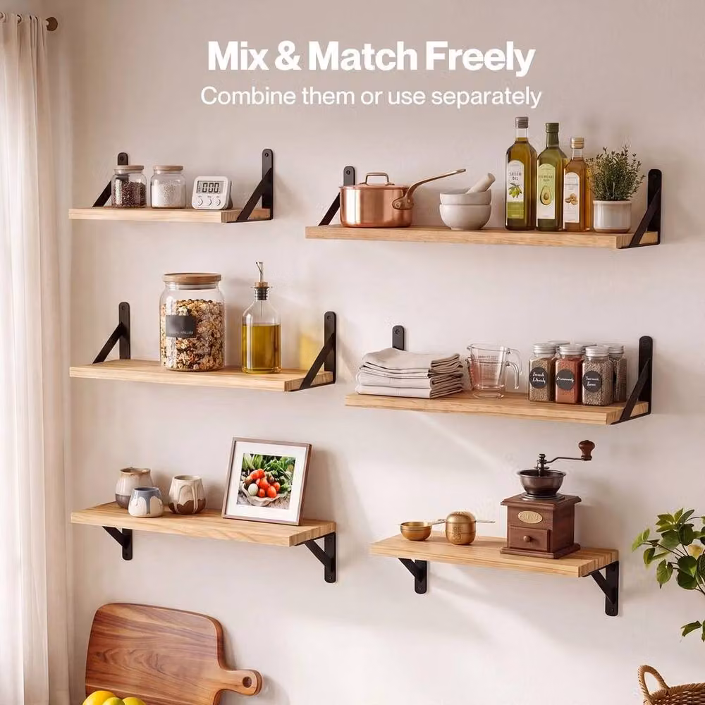 Kelvenix Set of 6 Brown Wood and Metal Floating Wall Shelves – 3