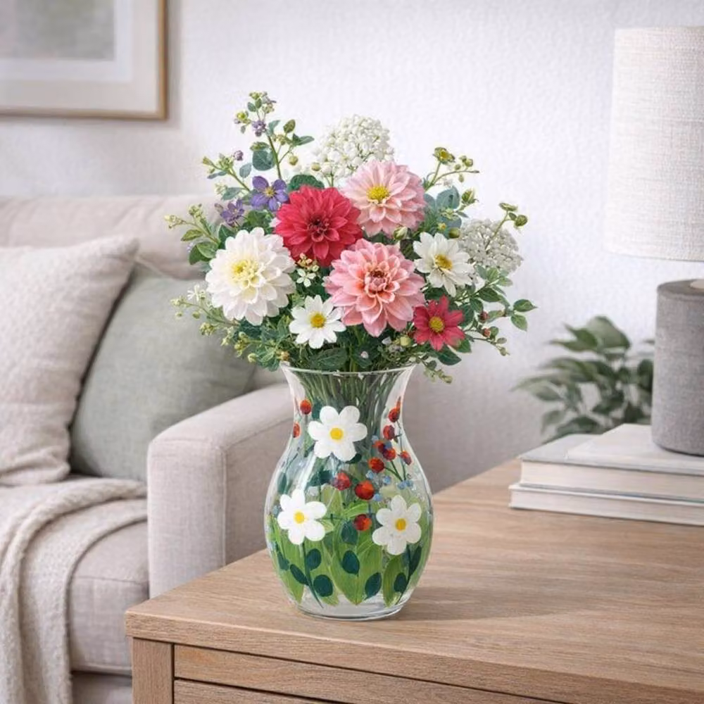 Lesser & Pavey Hand Painted Floral Glass Vase, Multicolour, H 17.0 cm x W 11.0 cm x D 11.0 cm – 2