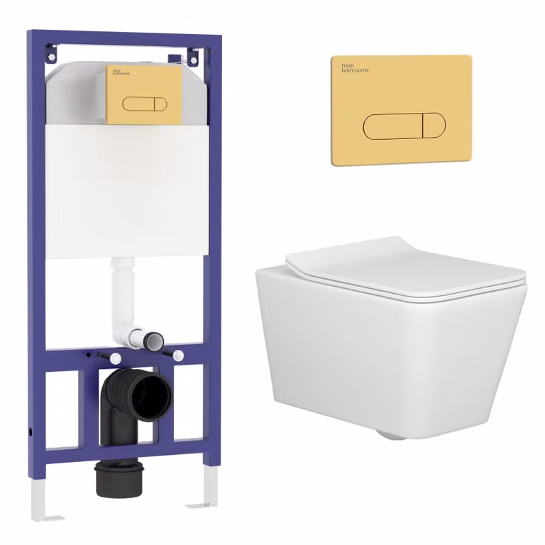 Royal Bathrooms Elena White Ceramic Wall Hung Rimless Toilet with Slim Soft Close Seat and Brass Plate Aqua Wall Hung Frame