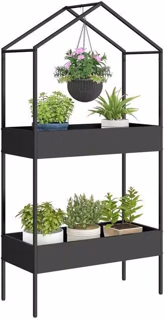 KORVIXA Modern Matt Black Metal Plant Stand for Indoor and Outdoor Use, H 150 x W 75 x D 35 cm