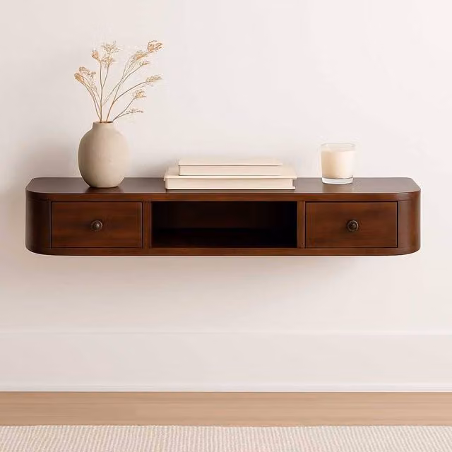 STILVORA Classic Wall-Mounted Mango Wood Console Table with 2 Drawers in Brown – 1