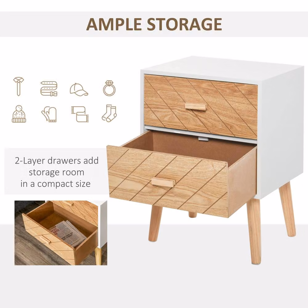 HOMCOM Scandinavian Style Solid Wood Bedside Table with Drawers in White – 3