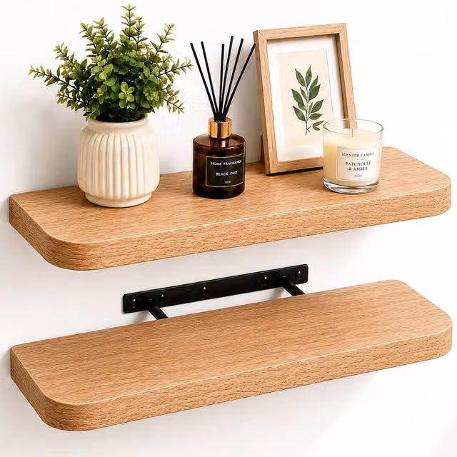 Innoteck Set of 2 Modern Floating Wall Shelves with Curved Edges, Oak – 1