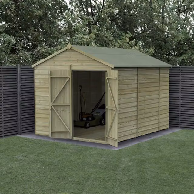 Forest Garden Shiplap Apex Shed with Double Doors in Green or Brown, W: 243.84 cm, D: 304.8 cm