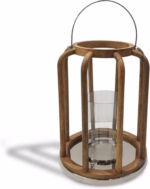 Elm Home And Garden Mango Wood and Glass Lantern Pillar Candle Holder in Brown, W/D/H: 30.0 x 40.0 x 30.0 cm