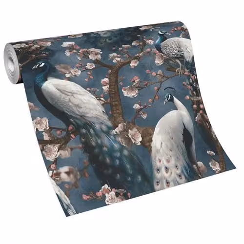 Erismann Abode Play of Light Peacock Navy Wallpaper, Art Nouveau Animal Design in Blue, Brown and Pink, Non-Woven Vinyl Roll – 2