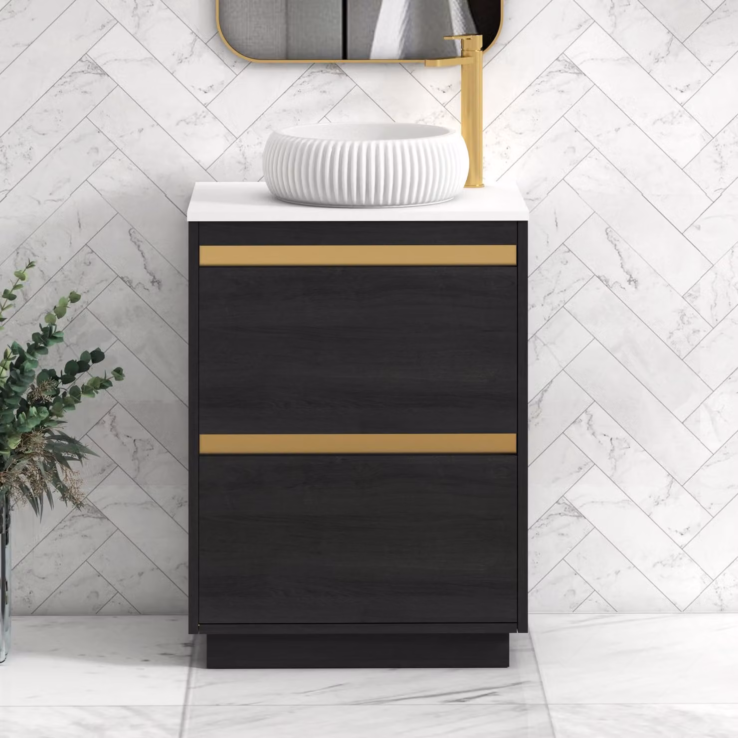 Royal Bathrooms Orion 600mm Hale Black Floor Standing Vanity Unit with 2 Drawers, Milan Basin and Brushed Brass Accent Trim in Plain White