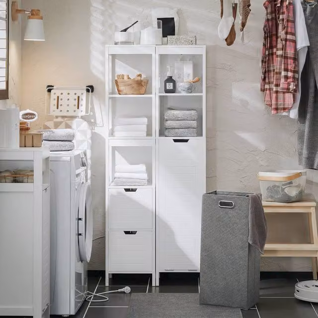 SoBuy Modern White Matt Bathroom Tall Cabinet with Pull-Out Laundry Basket – 1