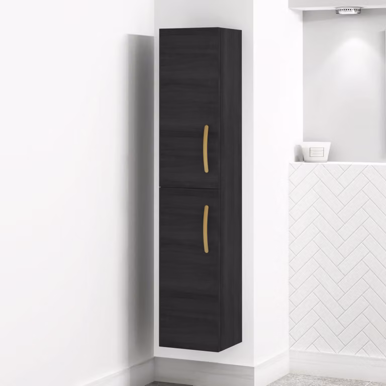 Royal Bathrooms Modern Turin Black 2-Door Wall Hung Tall Boy Cabinet Unit with Brushed Brass Handles, H 145 cm x W 30 cm x D 30 cm