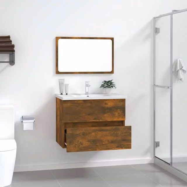 Berkfield Home Modern 2 Piece Bathroom Furniture Set in Smoked Oak Brown, including Vanity Unit and Mirror Cabinet, W/D/H: 60.0 x 38.5 x 37.0 cm – 1