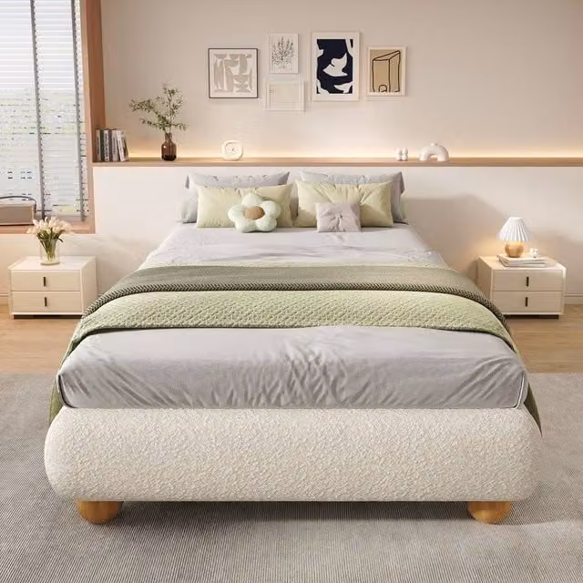 Merax Beige Boucle Upholstered Single Platform Bed Frame W/D/H: 90 x 190 cm – 1