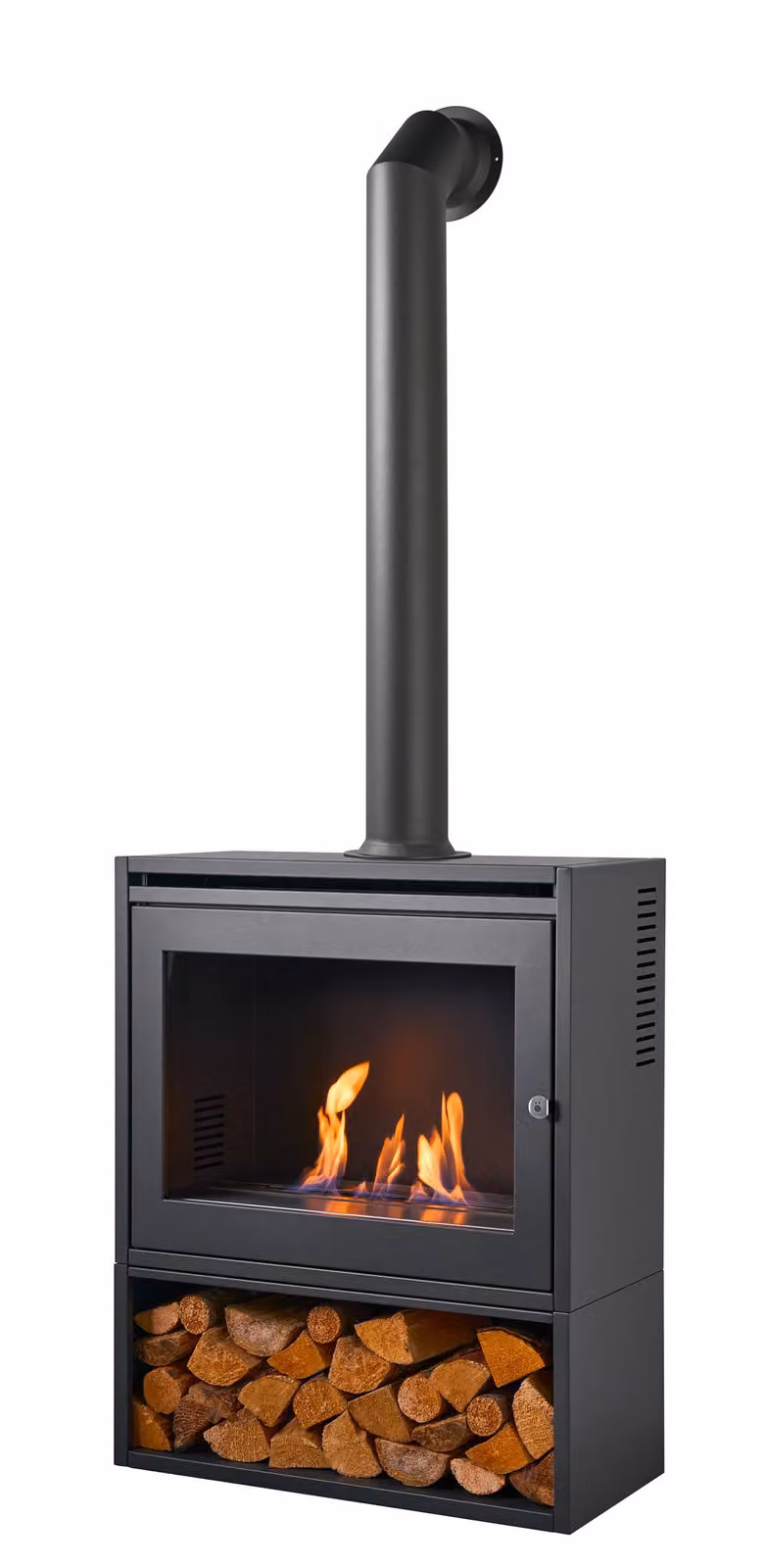 OKO S6 Bio Ethanol Stove and Log Store in Grey with Extra Tall Angled Metal Pipe – 5
