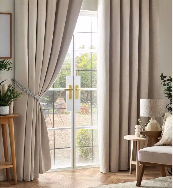 Livinluxury Chenille Blackout Pencil Pleat Top Curtains in Beige/Yellow, Width: 137 cm, Height: 117 cm