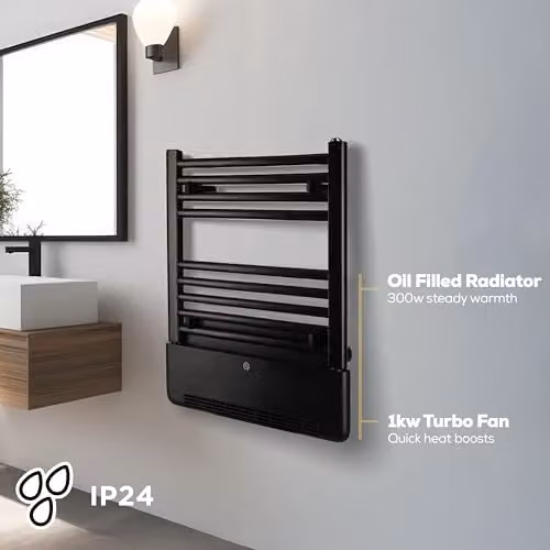 TCP 2-in-1 Towel Warmer and Room Heater, 500W Heated Rail with 1kW Blower, Wall-Mounted Electric Bathroom Radiator, Black – 3