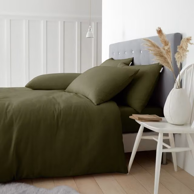 Catherine Lansfield Green Brushed Cotton Flannelette Duvet Cover and Pillowcase Set, W/D/H: 135 x 200 cm and 50 x 75 cm