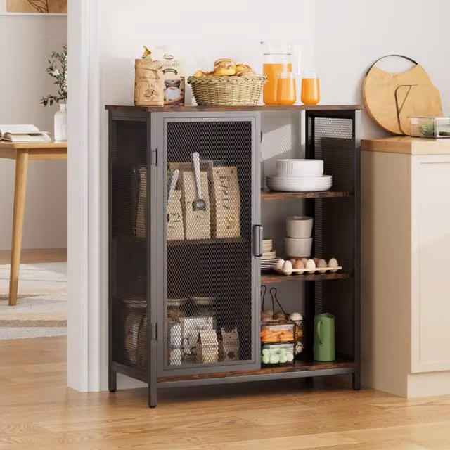 Livingandhome Industrial Sideboard Coffee Bar Cabinet in Brown Wood and Black Metal