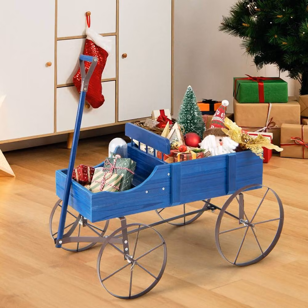 Gymax Blue Wood and Metal Decorative Wagon Flower Planter with Wheels, W/D/H: 62 x 34 x 60 cm – 3