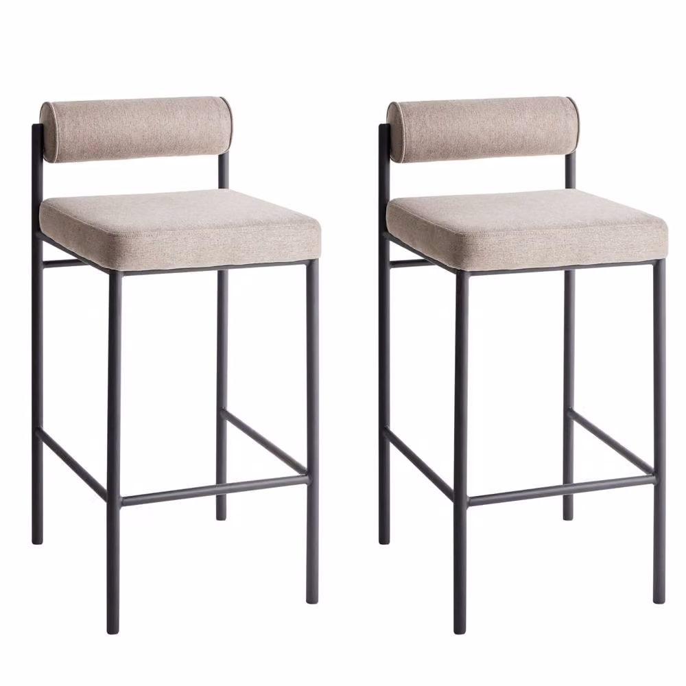 Wyld and Coco Set of 2 Taupe Armless Bar Stools with Roll Backrest and Black Powder Coated Metal Legs in Beige – 2