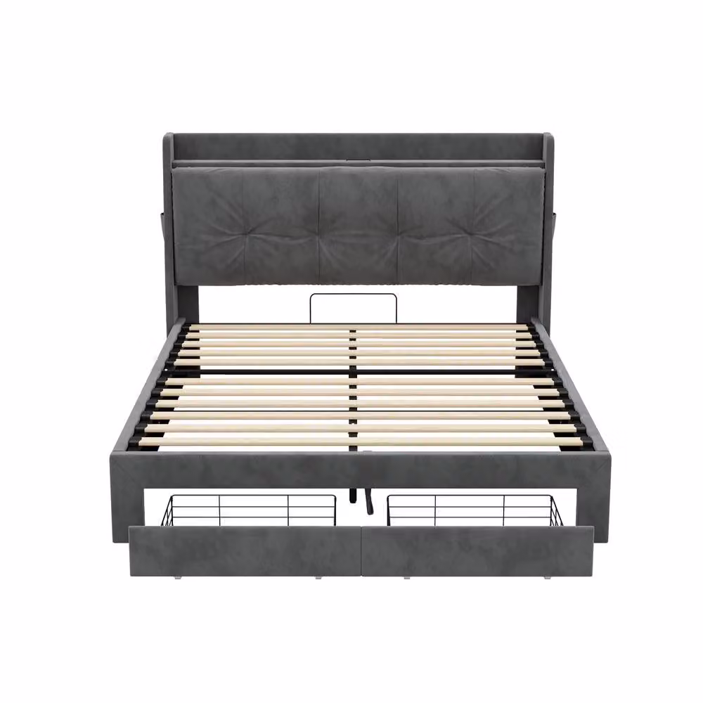 BTM Grey Velvet Upholstered Double Bed Frame with Hydraulic Storage, Drawers, USB Charging Port and Under-Bed Lighting, W/D/H: 140 x 200 cm – 5