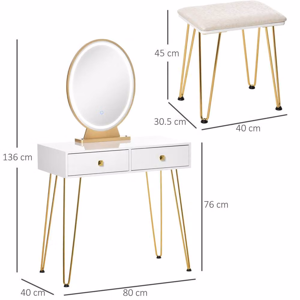 STILVORA Modern Dressing Table Set with LED Mirror and Stool in White and Gold – 2