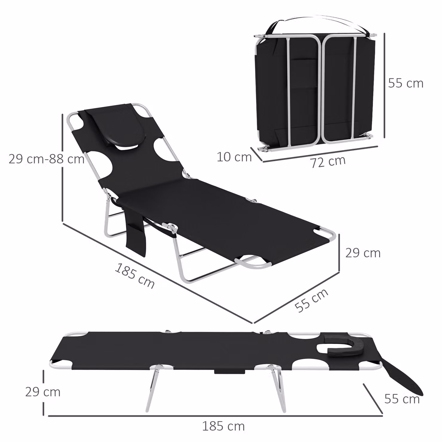 Outsunny Set of 2 Foldable Sun Loungers in Black with Textilene Fabric and Powder Coated Steel Frame – 3
