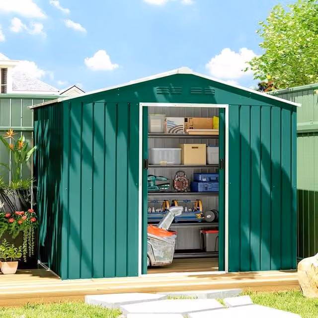 OUTSUNNY Green Metal Pent Garden Storage Shed with Double Doors – 1
