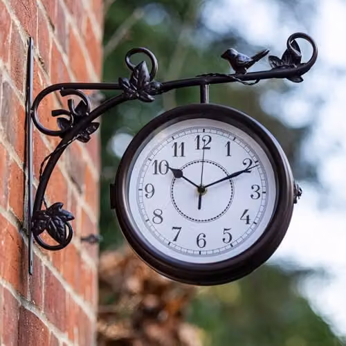 Garden Gear Aldbury Double-Sided Victorian Station Style Outdoor Wall Clock in Mahogany Brown Powder-Coated Steel with Bird and Leaf Details – 2
