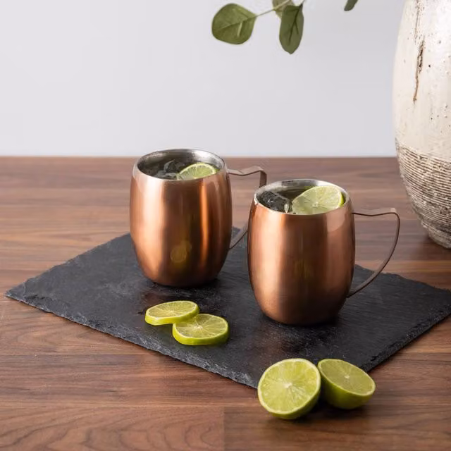 BarCraft Set of 2 Double Walled Copper and Bronze Moscow Mule Mugs with Stainless Steel Interior