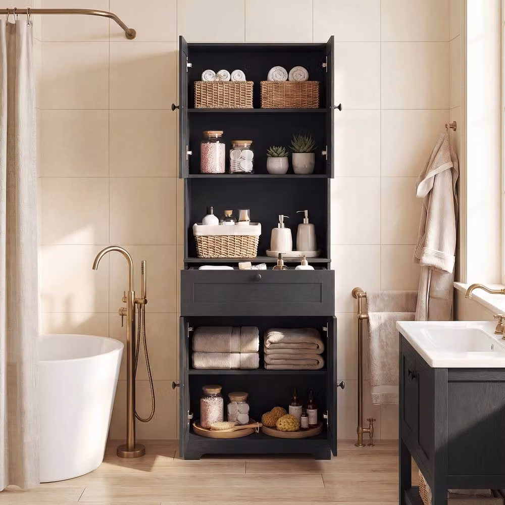 Costway Modern Black Wooden Bathroom Cabinet with 4 Doors and 1 Drawer – 5