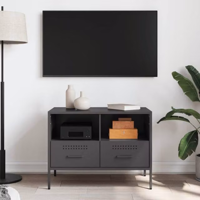 Berkfield Home Black Metal TV Cabinet W: 68 cm, D: 39 cm, H: 50.5 cm