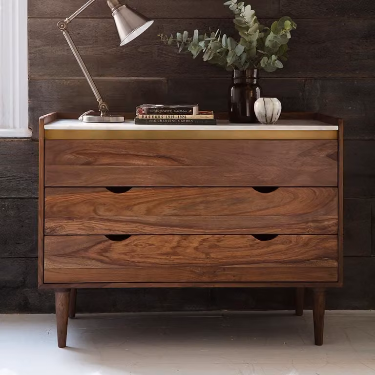 Atkin & Thyme Deco Marble Chest Of Drawers in White and Brown Sheesham Wood and Stone