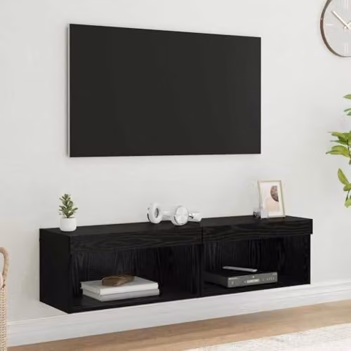 vidaXL Modern Wall Mounted TV Cabinet Set of 2 in Black Oak with Integrated Lighting – 2