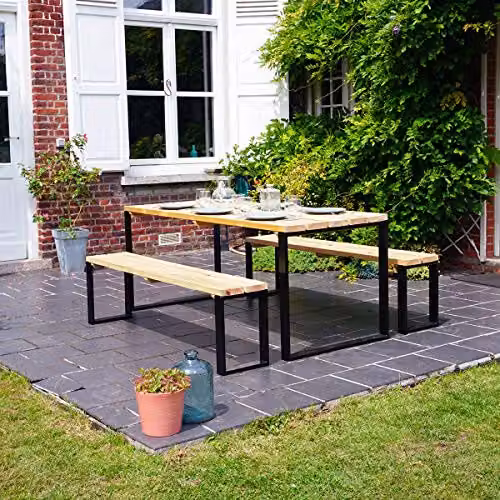 Forest Style Blakea Table and Benches Set in Brown and Beige Wood and Metal, W/D/H: 180 x 80 x 75 cm – 3