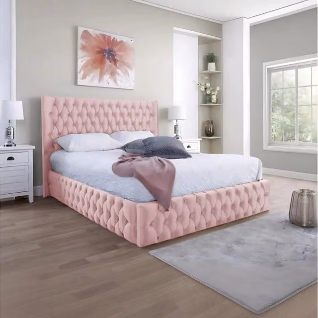 Desire Deco Chesterfield Upholstered Velvet Bed Frame in Pink, W/D/H: 180 x 200 cm
