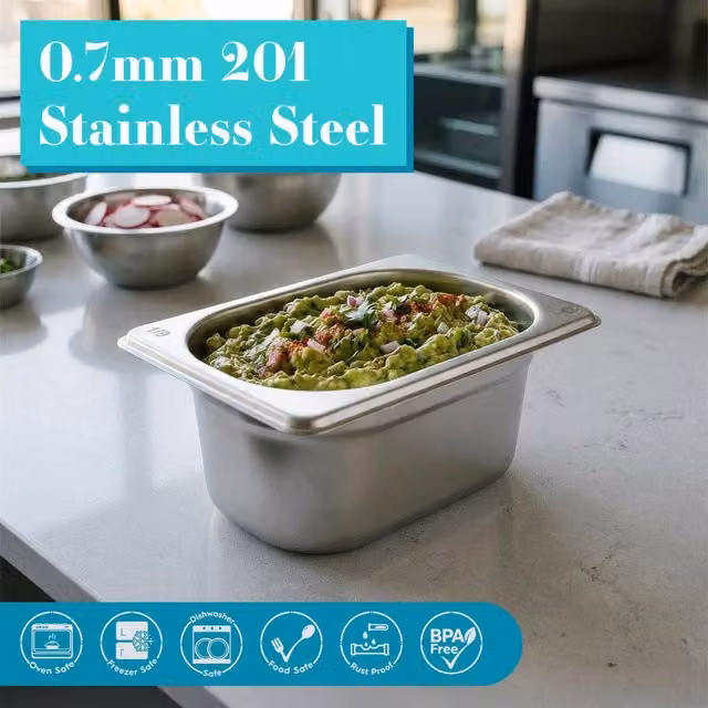 Argon Tableware Stainless Steel Gastronorm Containers, 1/9 Size, 800ml, Pack of 10, Silver – 1