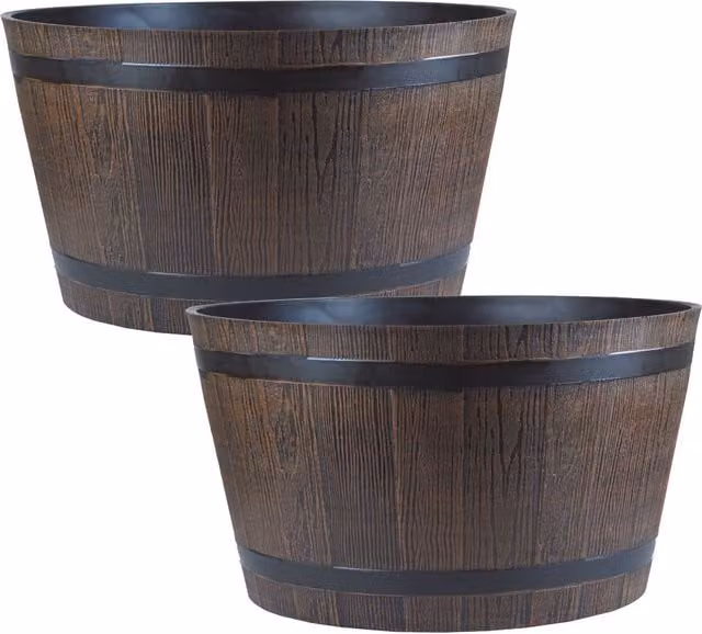 Simpa Homestead Brown Half Barrel Cask Planters, Set of 2, Dark Brown