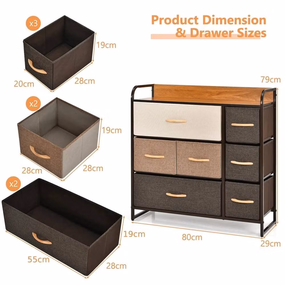 Nordara 7-Drawer Foldable Fabric and Metal Chest of Drawers in Brown, W: 120 cm, D: 70 cm, H: 70 cm – 3