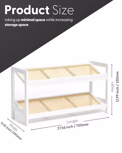 Keplin 2 Tier Bamboo and Rattan Shoe Organiser Rack in White and Natural, W/D/H: 70 x 29 x 33 cm – 2