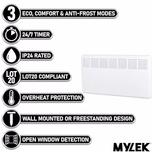 Mylek 2000W Smart WiFi Electric Panel Convector Heater, White, W: 81 cm – 2