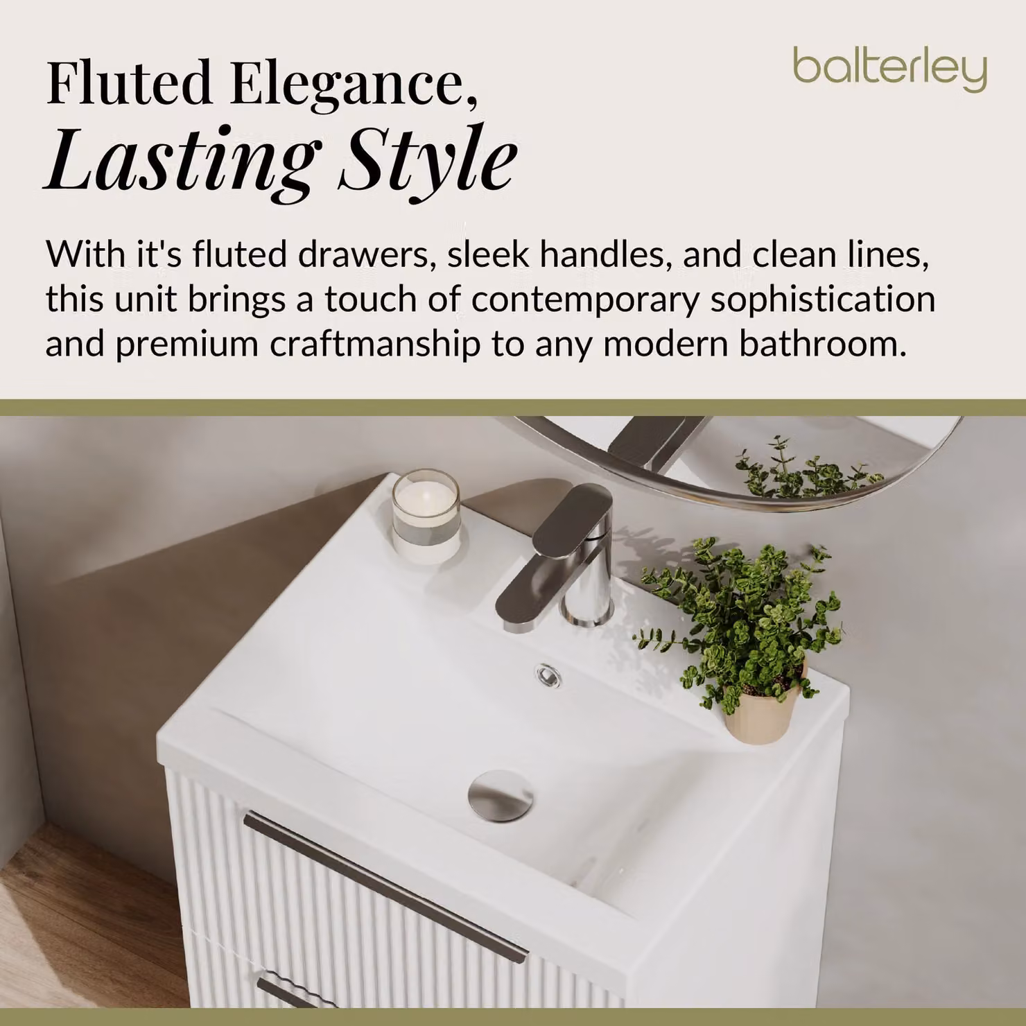 Balterley Fluted Wall Hung 2 Drawer Vanity Basin Unit and Basin, Satin White, Width: 50 cm – 2