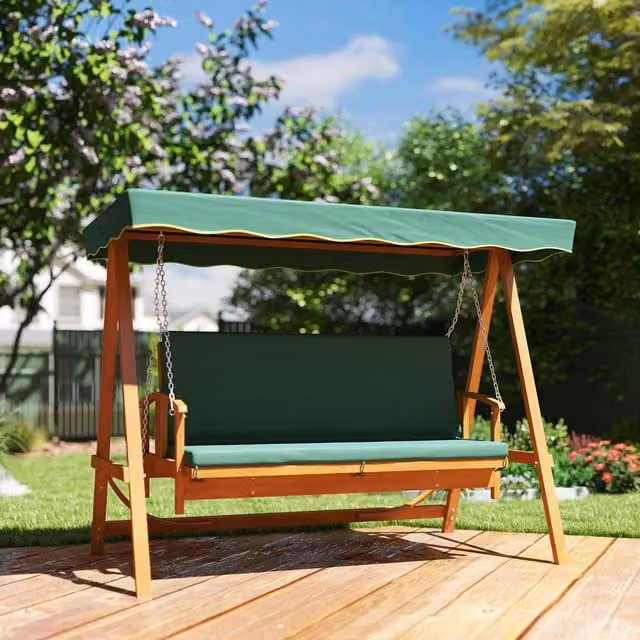 Outsunny 3 Seater Lacquered Treated Hardwood Garden Swing Seat with Sun Canopy and Weatherproof Cushions, Green